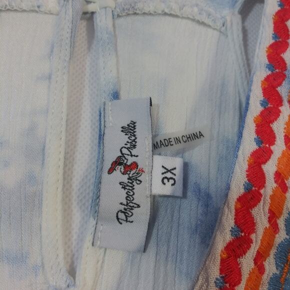 Perfectly Priscilla Blue Tie Dye  Embroidered Racer Back Gauzy Tank Size 3X - Picture 5 of 7